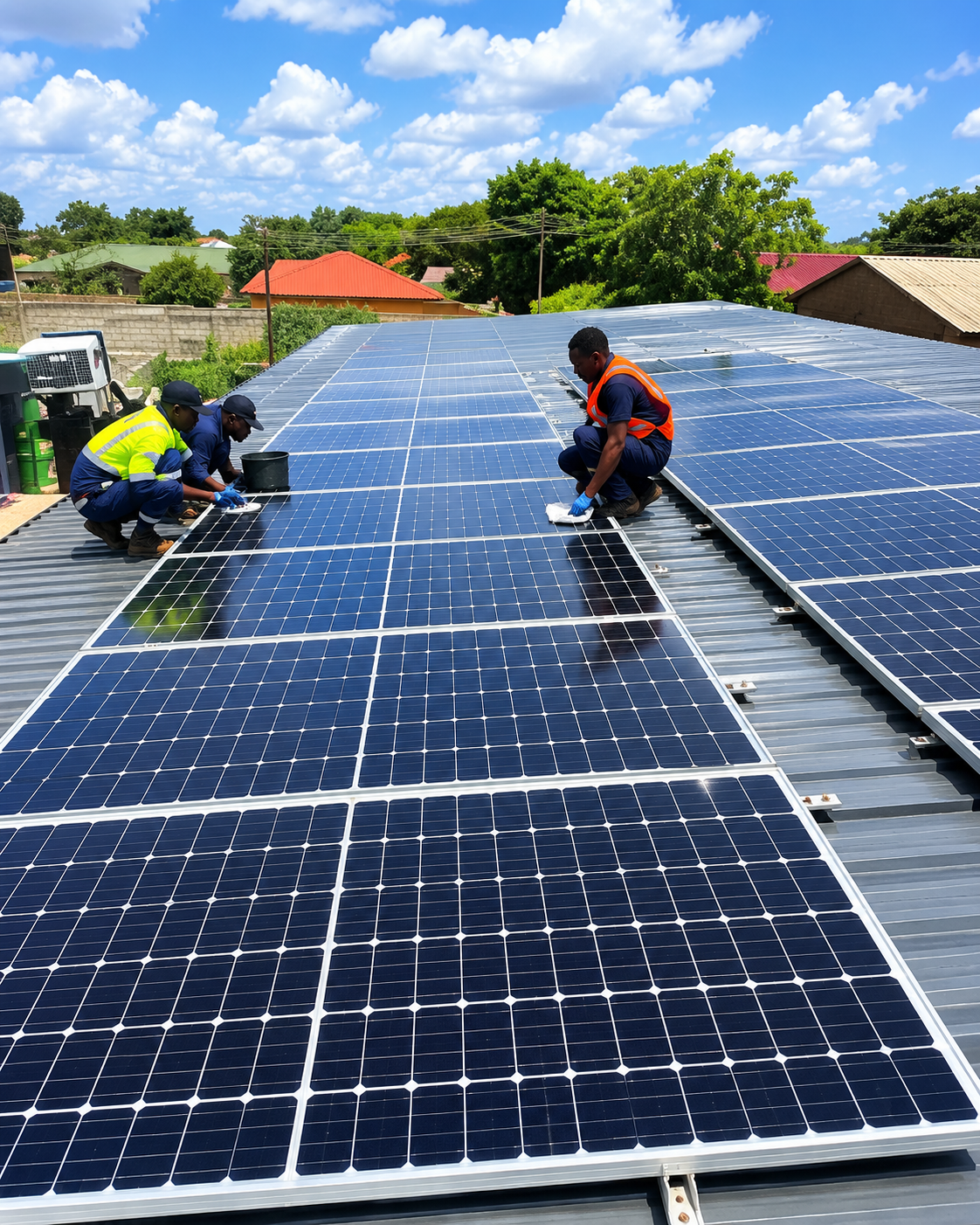 Technicians installing solar panels on a rooftop